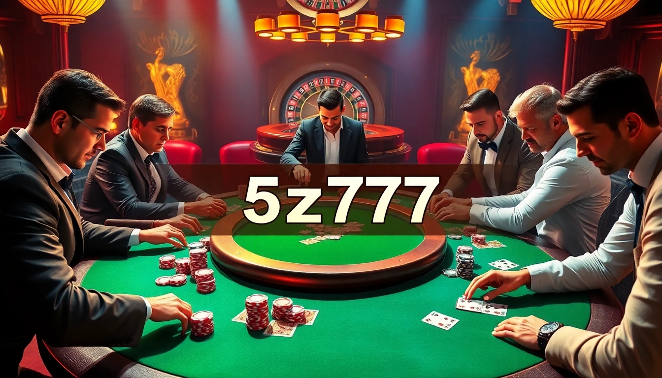 Exciting poker game scene at a casino featuring 5z777 branding, players engaged, and vibrant chips.